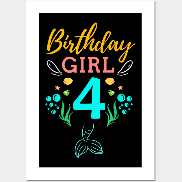 Mermaid Birthday Girl 4 Years Old It's My 4th Birthday Wall Art by Vladis